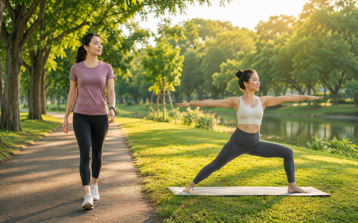 Mẹo kết hợp đi bộ với yoga giúp giảm mỡ và trẻ lâu