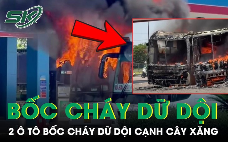Hai ô tô bốc cháy dữ dội cạnh cây xăng giữa trưa nắng khiến nhiều người hoảng sợ